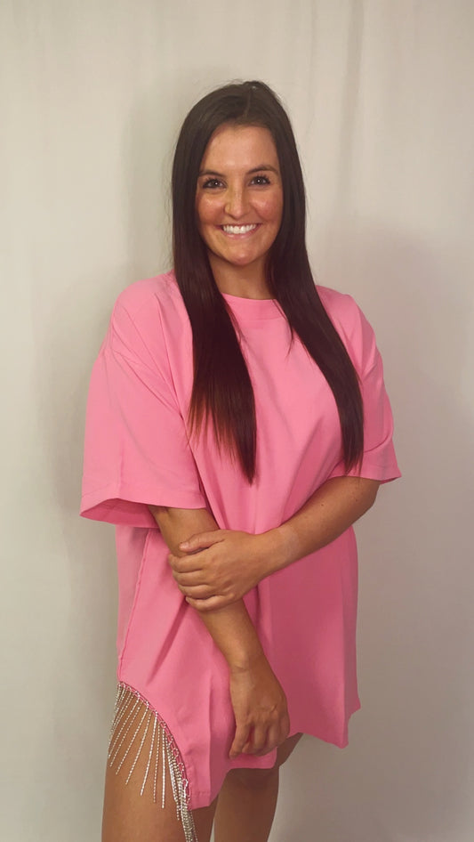 Fringe T-Shirt Dress - Pink