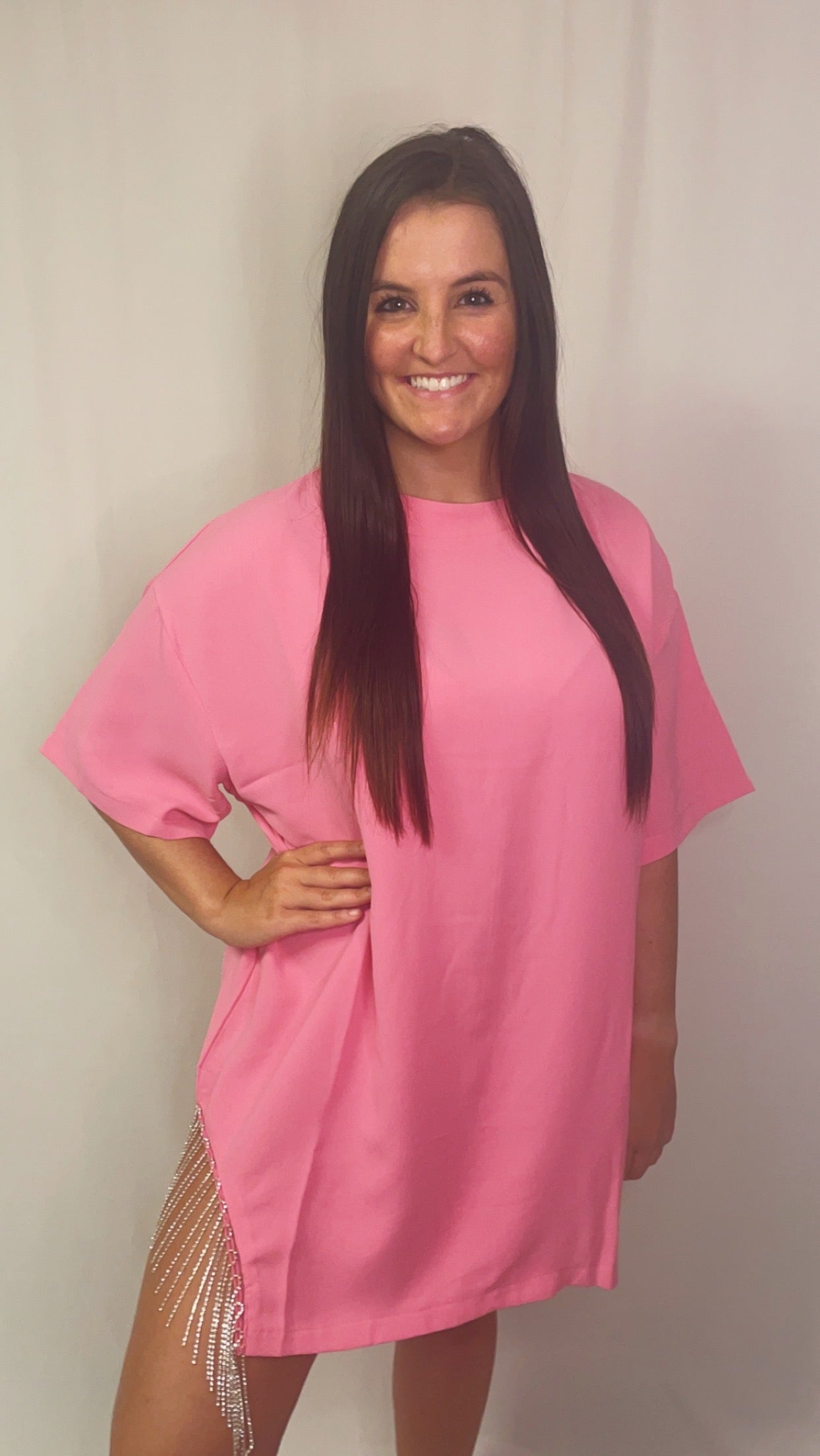 Fringe T-Shirt Dress - Pink