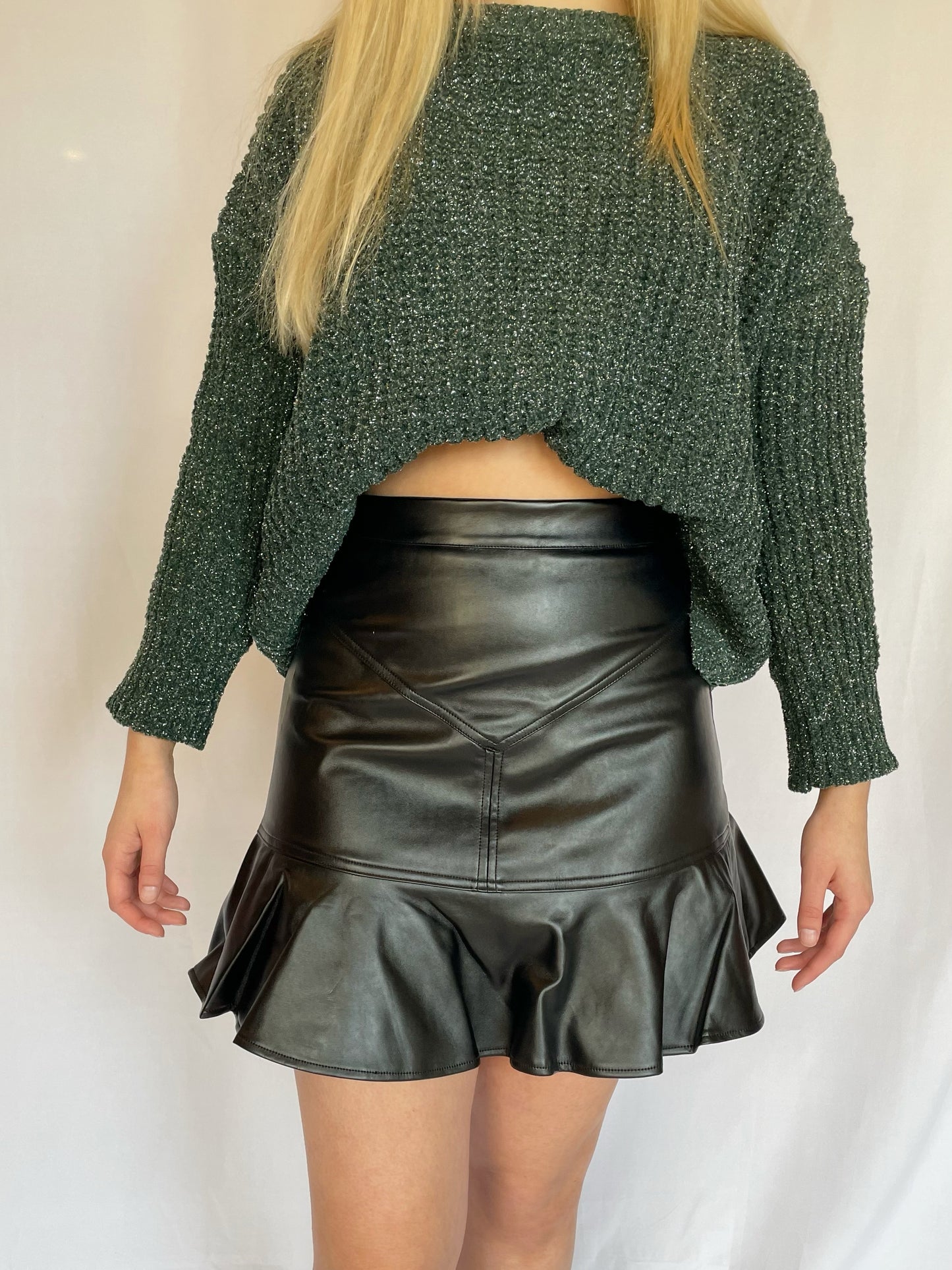 High-Waisted Leather Ruffled Skirt