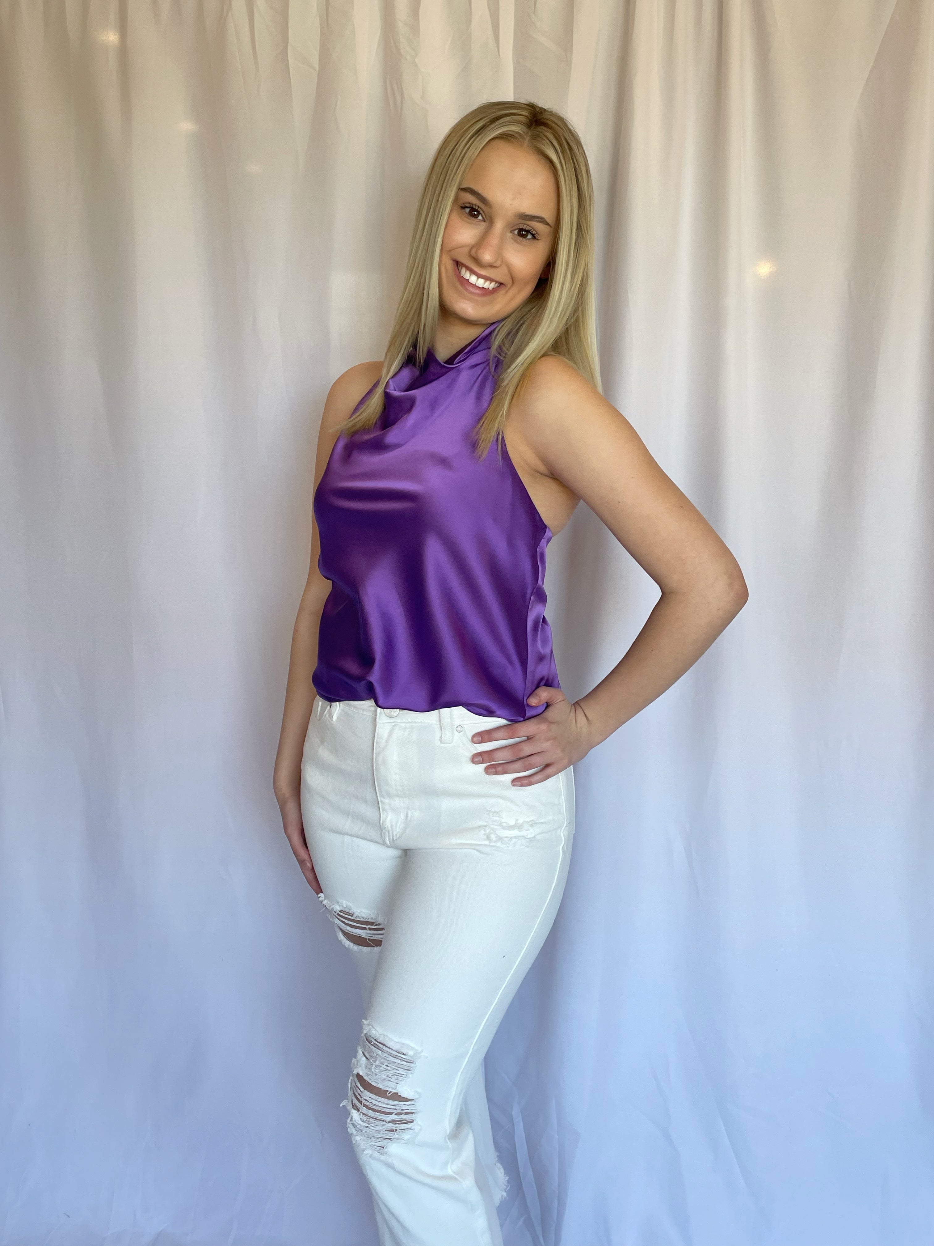 Purple satin top online